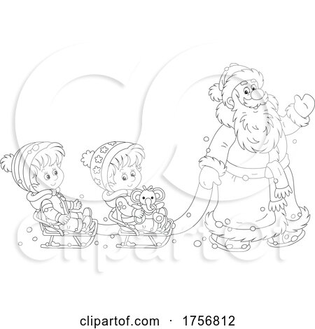 Black and White Santa Pulling Kids on Sleds by Alex Bannykh