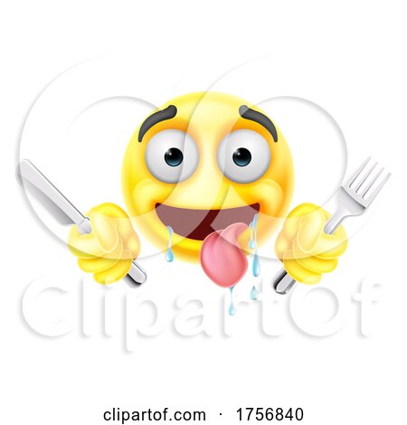 Drooling Hungry Emoticon Knife Fork Cartoon Face by AtStockIllustration