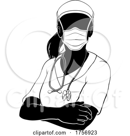 Doctor Nurse Woman PPE Mask Scrubs Silhouette by AtStockIllustration