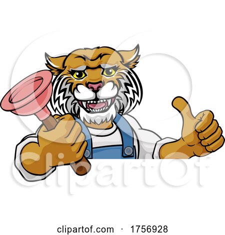 Wildcat Plumber Cartoon Mascot Holding Plunger by AtStockIllustration
