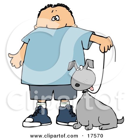 Clipart Illustration of a Little Caucasian Boy Walking His Grey Mutt Dog On A Leash by djart
