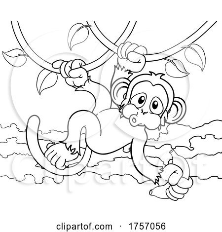 Monkey Singing on Jungle Vines with Banana Cartoon by AtStockIllustration