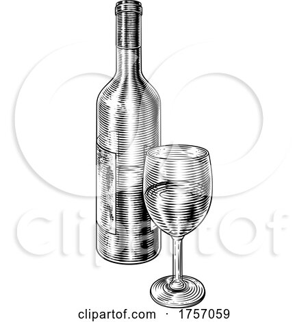 Wine Bottle and Glass Vintage Etching Woodcut by AtStockIllustration
