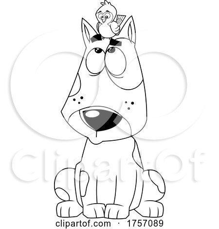 Black and White Cartoon Dog with a Bird on Its Head by Hit Toon