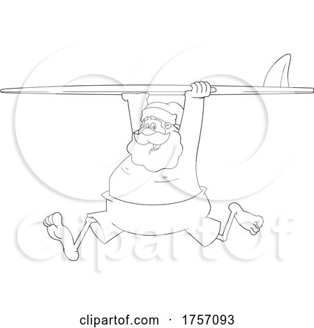 Black and White Cartoon Santa Clause Running with a Surfboard by Hit Toon