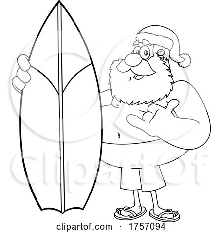 Black and White Cartoon Santa Clause Standing with a Surfboard by Hit Toon