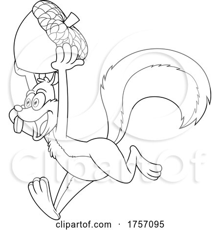 Black and White Cartoon Successful Squirrel Running with an Acorn by Hit Toon