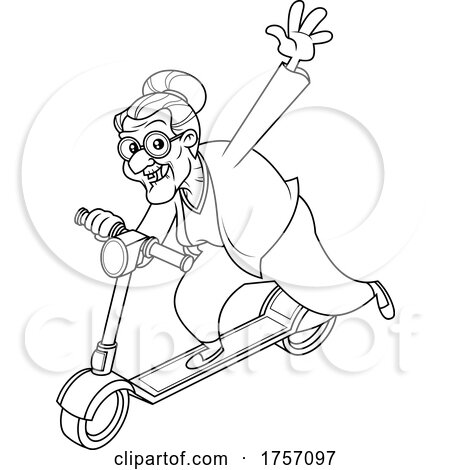 Black and White Cartoon Energetic Granny on a Scooter by Hit Toon