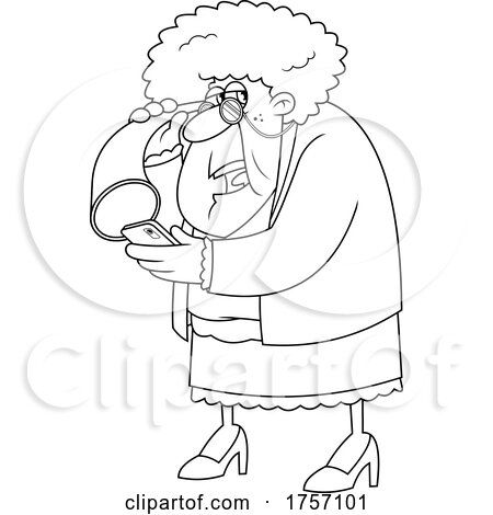 Black and White Cartoon Granny Using a Hearing Trumpet and a Cell Phone by Hit Toon