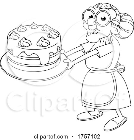 Black and White Cartoon Granny Holding out a Cake by Hit Toon