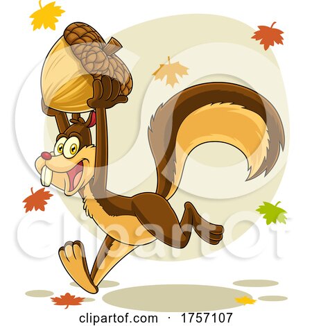 Cartoon Squirrel Running with an Acorn in the Fall by Hit Toon