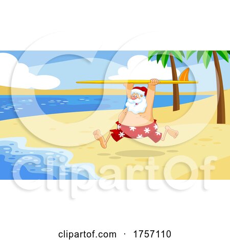Cartoon Santa Clause Running on a Beach with a Surfboard by Hit Toon