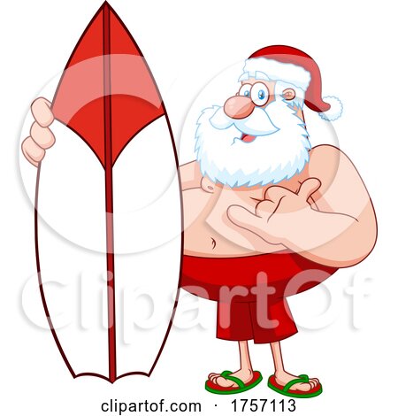 Cartoon Santa Clause Standing with a Surfboard by Hit Toon