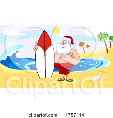 Cartoon Santa Clause Standing on a Beach with a Surfboard by Hit Toon