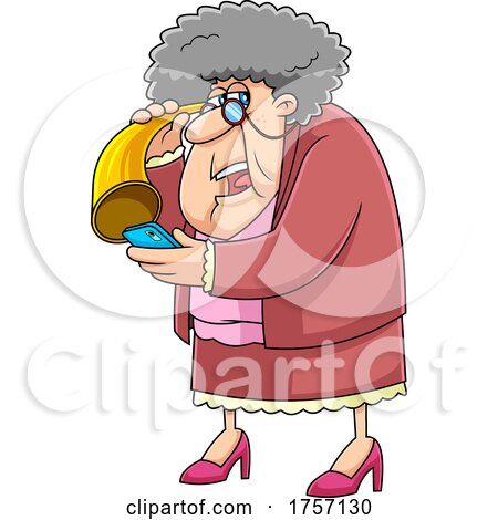 Cartoon Granny Using a Hearing Trumpet and a Cell Phone by Hit Toon
