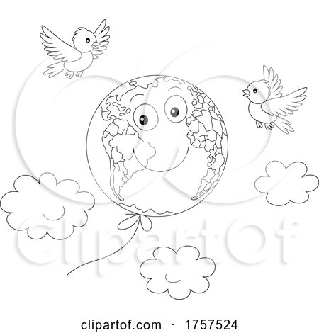 Black and White Floating Planet Earth Mascot and Birds by Alex Bannykh