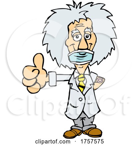 Cartoon Masked and Vaccinated Albert Einstein Mascot by Dennis Holmes Designs