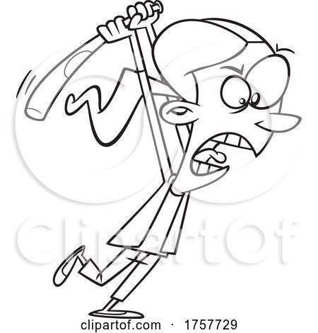 Black and White Cartoon Woman Angrily Swinging a Bat by toonaday