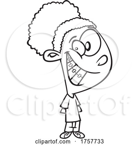 Black and White Cartoon Grinning Girl with Braces by toonaday