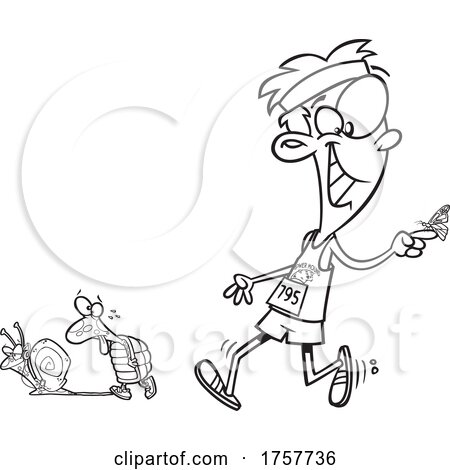 Black and White Cartoon Competitive Guy Walking with a Butterfly Tortoise and Snail by toonaday