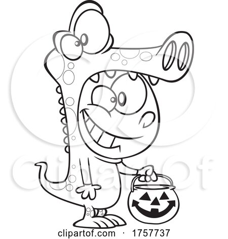 Black and White Cartoon Halloween Boy Trick or Treating in a Crocodile Costume by toonaday