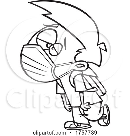Black and White Cartoon Exhausted Boy Wearing a Mask by toonaday