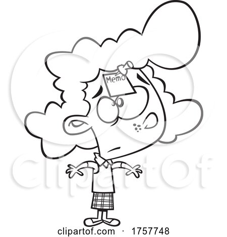 Black and White Cartoon Girl with a Memo on Her Forehead by toonaday