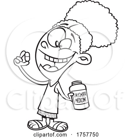 Black and White Cartoon Girl Taking Laughter Medicine by toonaday