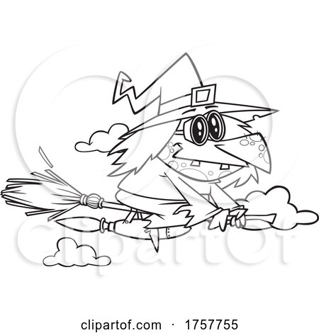 Black and White Cartoon Halloween Witch Flying on a Jet Broomstick by toonaday