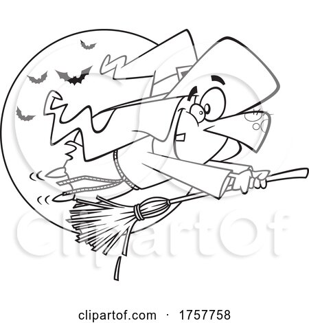 Black and White Cartoon Halloween Witch Flying on a Fast Broomstick by toonaday
