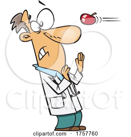 Cartoon Apple Flying at a Doctor by toonaday