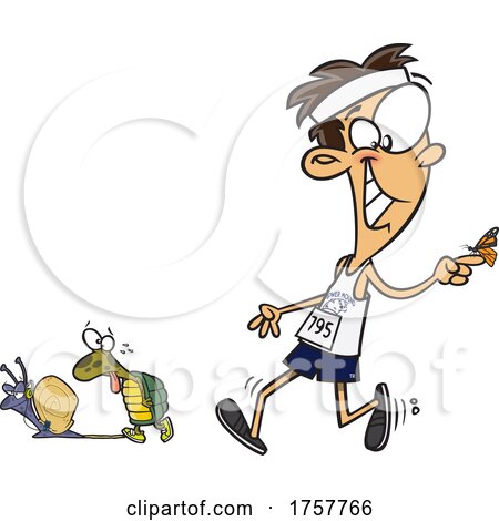 Cartoon Competitive Guy Walking with a Butterfly Tortoise and Snail by toonaday
