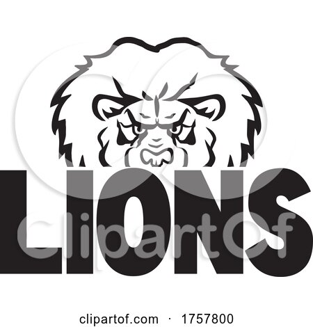 Lion Mascot Head over LIONS Text by Johnny Sajem