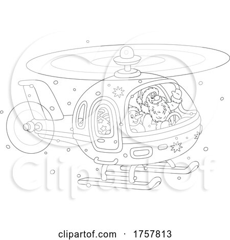 Black and White Santa and Snowman Flying in a Christmas Helicopter by Alex Bannykh