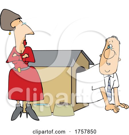 Cartoon Angry Wife Glaring at Her Husband in a Dog House by djart