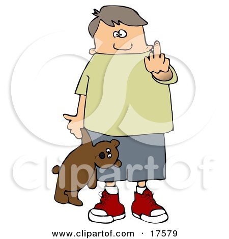 Clipart Illustration of a Bratty Young Caucasian Boy Holding A Teddy Bear And Flipping Off The Viewer by djart