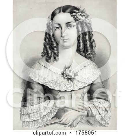 Historical Portrait of a Young Woman with Curled Hair and Flowers by JVPD