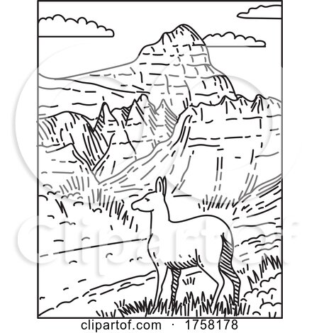 Badlands National Park with Deer and Steep Canyons in South Dakota USA Mono Line Poster Art by patrimonio