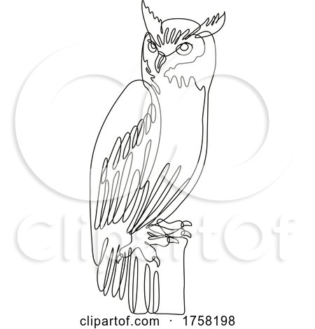 Tiger Owl or Great Horned Owl Perching on Tree Stump Continuous Line Drawing by patrimonio