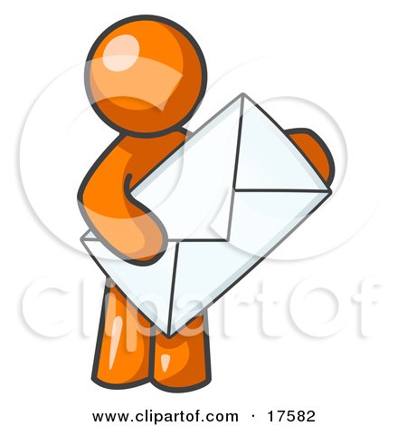 Clipart Illustration of an Orange Person Standing And Holding A Large Envelope, Symbolizing Communications And Email by Leo Blanchette