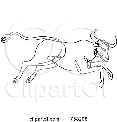 Texas Longhorn Bull Jumping Side View Continuous Line Drawing by patrimonio