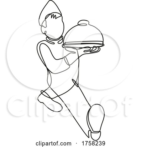 Waiter or Food Server Serving a Food Platter Front View Continuous Line Drawing by patrimonio