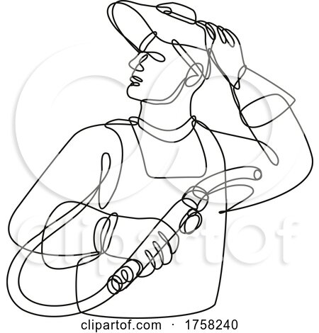 Welder with Visor Holding Welding Torch Continuous Line Drawing by patrimonio