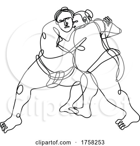Two Japanese Sumo Wrestler or Rikishi Wrestling Continuous Line Drawing by patrimonio