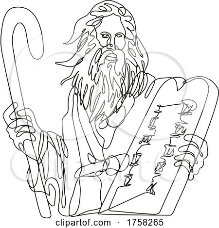 Prophet Moses with Staff Holding a Stone Table with Ten Commandments Continuous Line Drawing by patrimonio