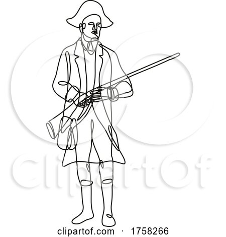 American Patriot Revolutionary Soldier with Musket Rifle Front View Continuous Line Drawing by patrimonio