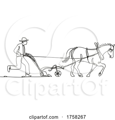 Organic Farmer and Horse Plowing Field Side View Continuous Line Drawing by patrimonio
