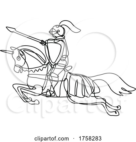 Medieval Knight with Lance and Shield Riding Stead Continuous Line Drawing by patrimonio