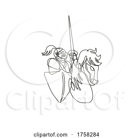Knight with Lance and Shield Riding Stead Continuous Line Drawing by patrimonio