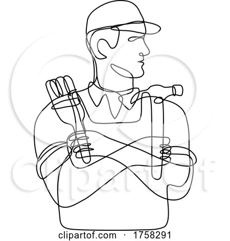 Handyman Holding a Hammer and Paint Brush with Arms Crossed Continuous Line Drawing by patrimonio